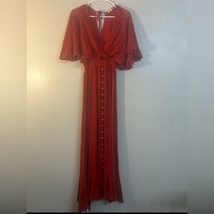 Easel Red Lace Button-Down Maxi Dress
